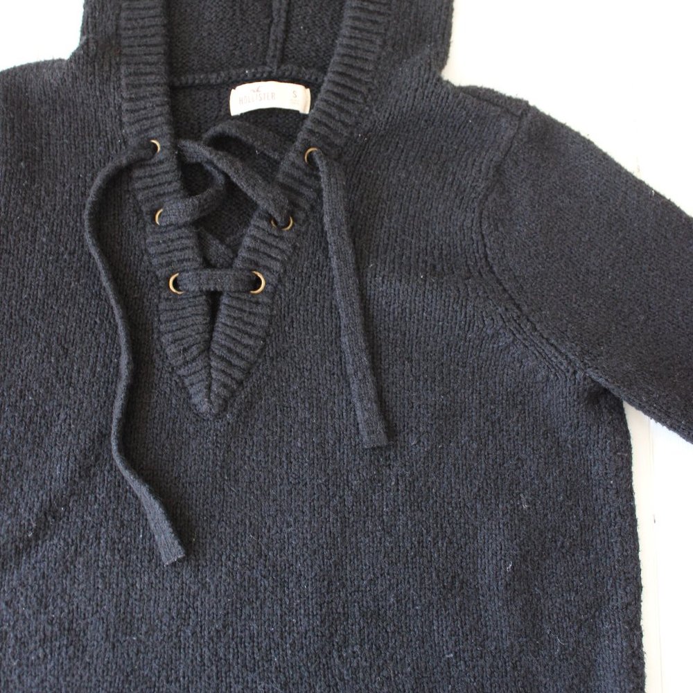 Black Knit Hoodie With Lace Up Neckline